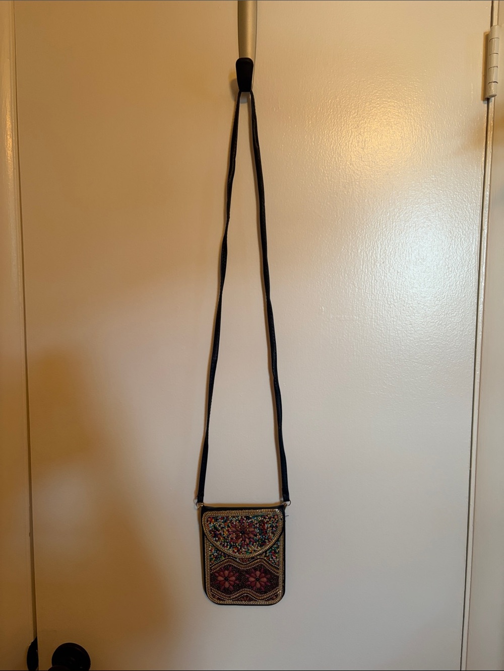 Embroidered Black Crossbody Bag with Multicolor Floral Detail